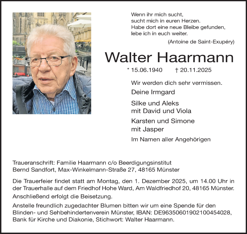  Traueranzeige für Walter Haarmann vom 22.11.2025 aus 