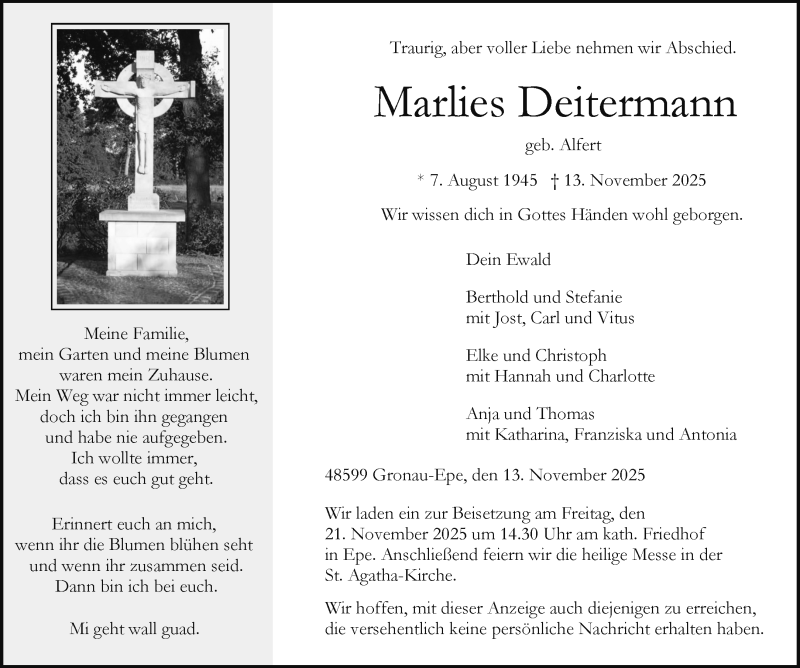  Traueranzeige für Marlies Deitermann vom 18.11.2025 aus 