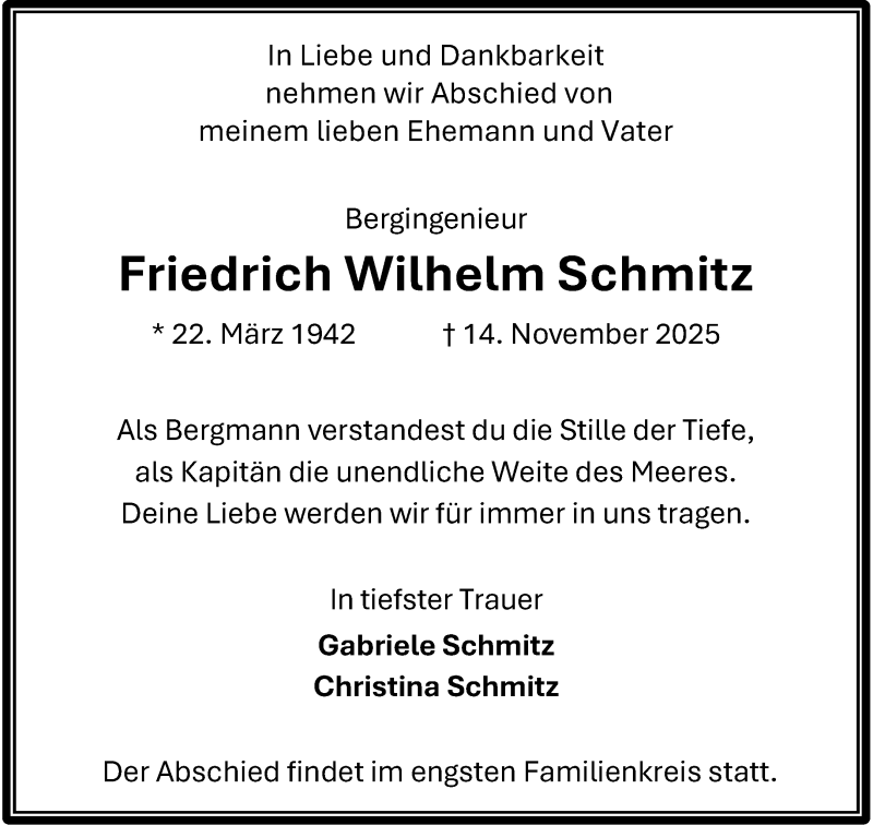  Traueranzeige für Friedrich Wilhelm Schmitz vom 29.11.2025 aus 