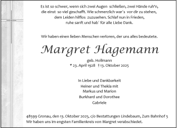 Anzeige von Margret Hagemann 