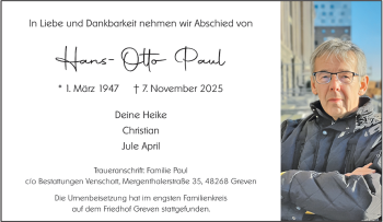 Anzeige von Hans-Otto Paul 