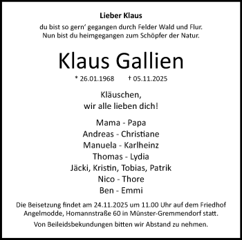 Anzeige von Klaus Gallien 
