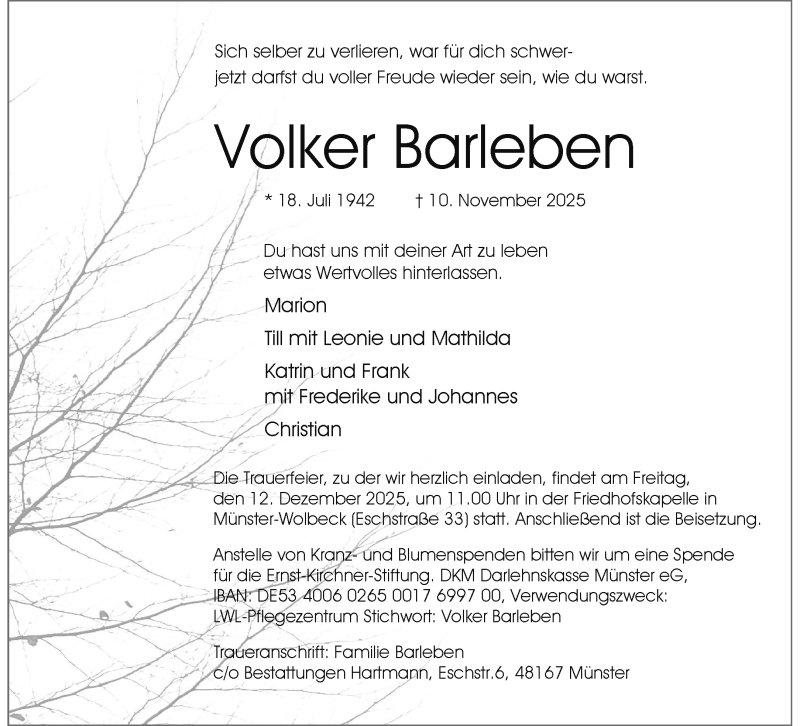  Traueranzeige für Volker Barleben vom 29.11.2025 aus 
