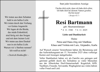 Anzeige von Resi Bartmann 
