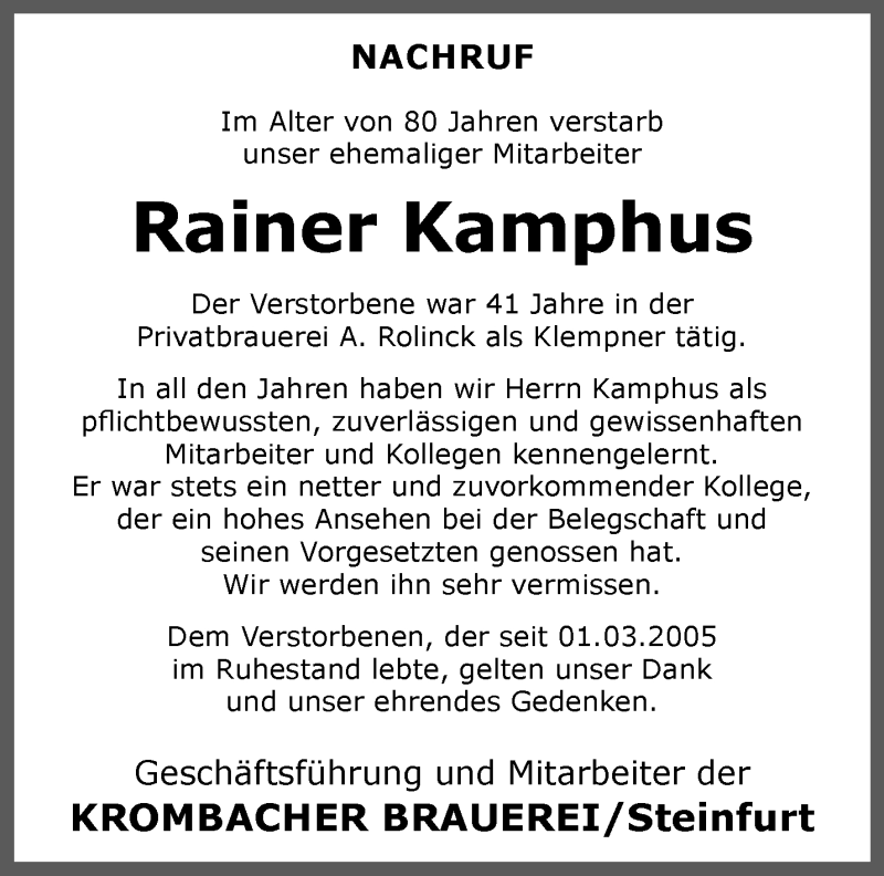 Traueranzeige für Rainer Kamphus vom 08.11.2025 aus 