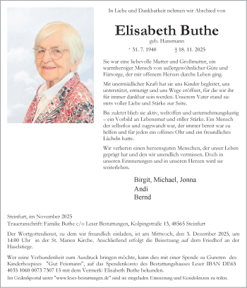 Anzeige von Elisabeth Buthe 