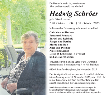 Anzeige von Hedwig Schröer 