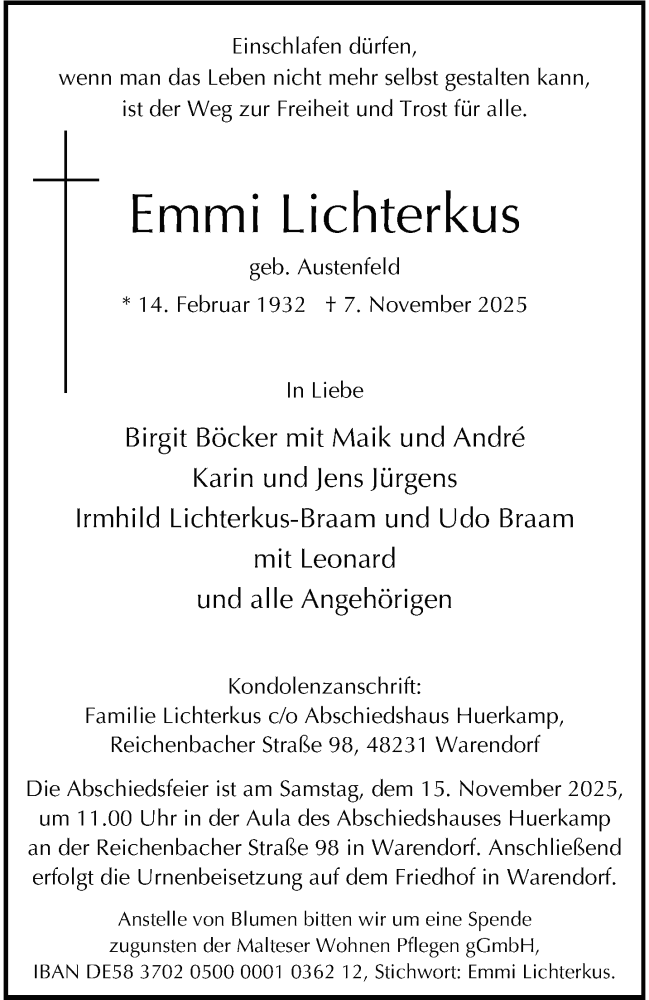  Traueranzeige für Emmi Lichterkus vom 12.11.2025 aus 