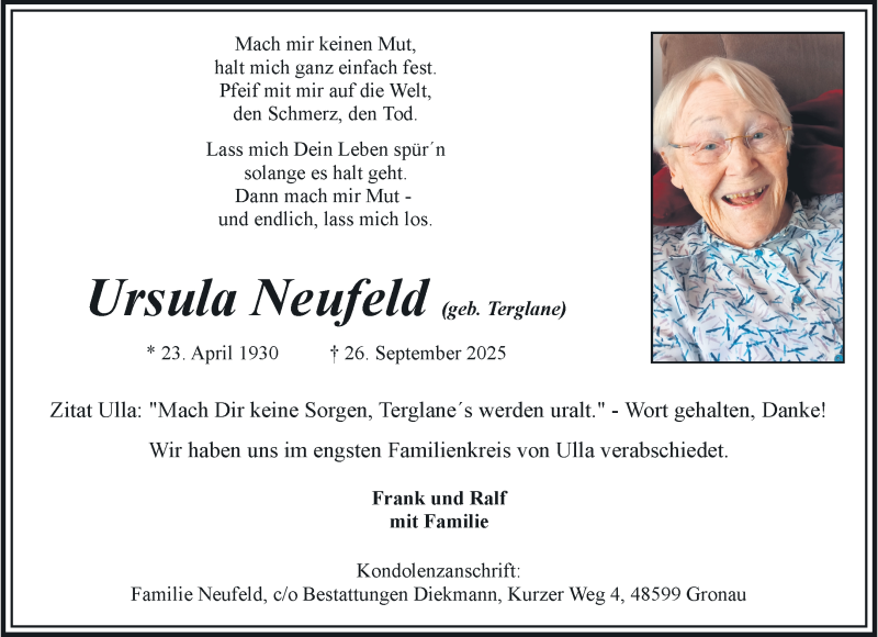 Traueranzeige für Ursula Neufeld vom 08.11.2025 aus 