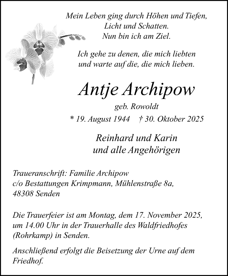  Traueranzeige für Antje Archipow vom 08.11.2025 aus 