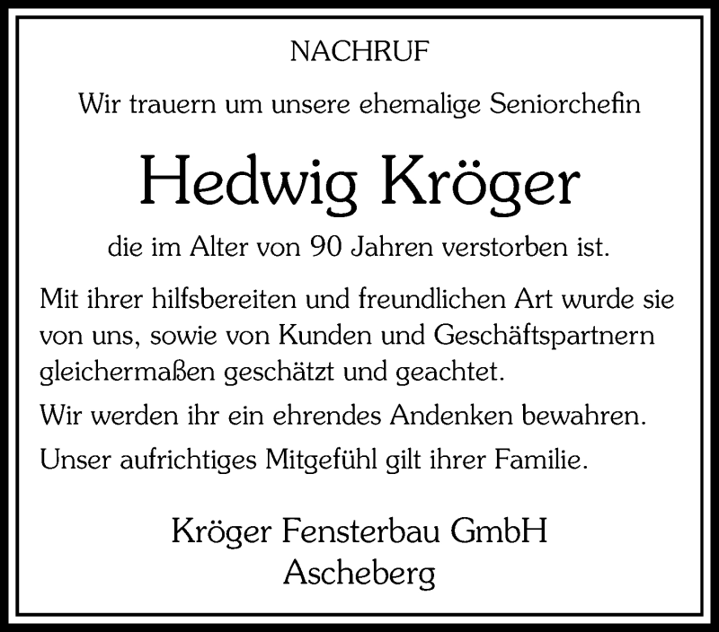  Traueranzeige für Hedwig Kröger vom 29.11.2025 aus 