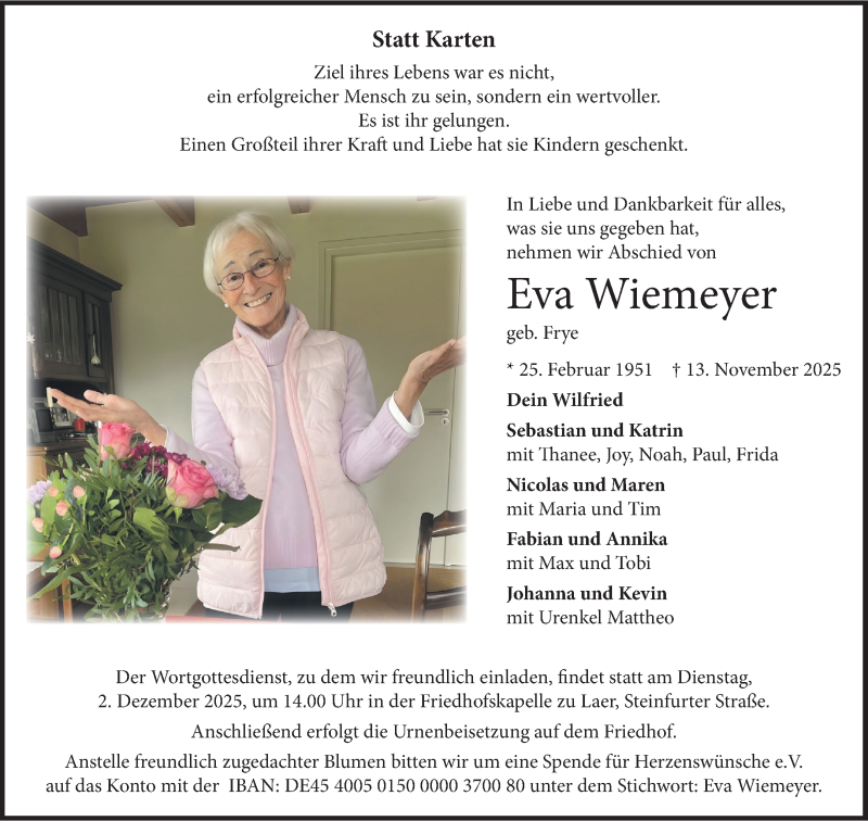  Traueranzeige für Eva Wiemeyer vom 22.11.2025 aus 