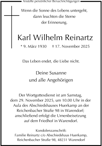 Anzeige von Karl Wilhelm Reinartz 