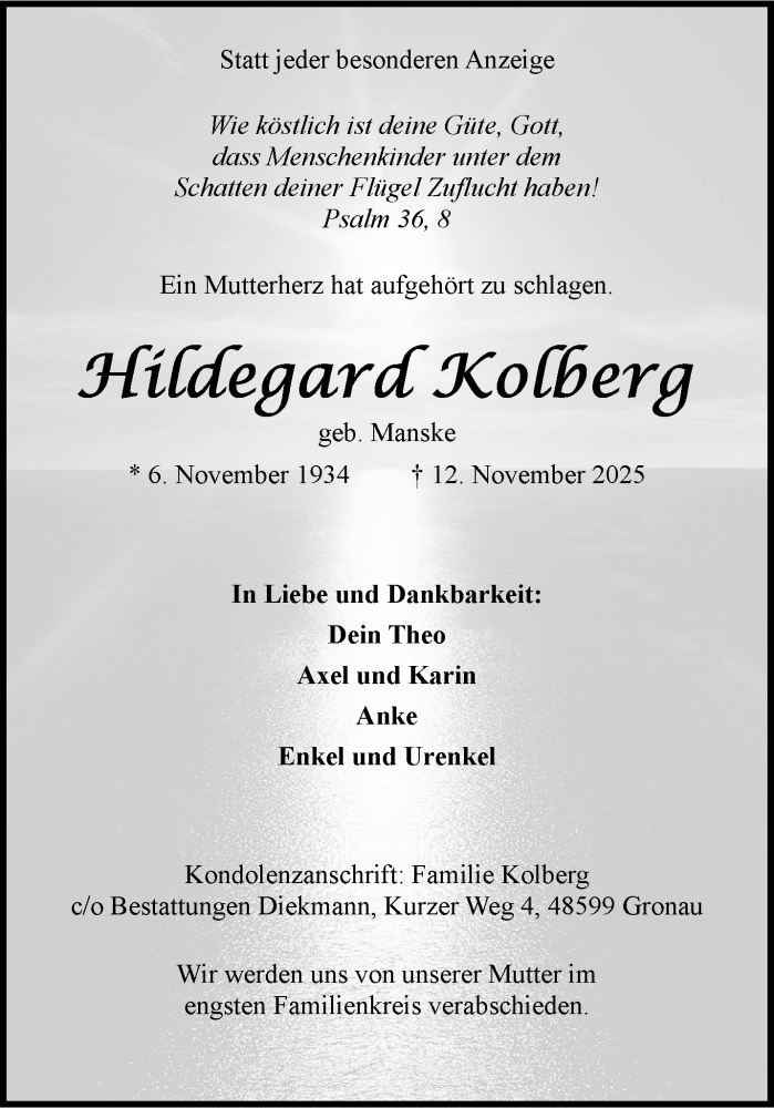  Traueranzeige für Hildegard Kolberg vom 15.11.2025 aus 
