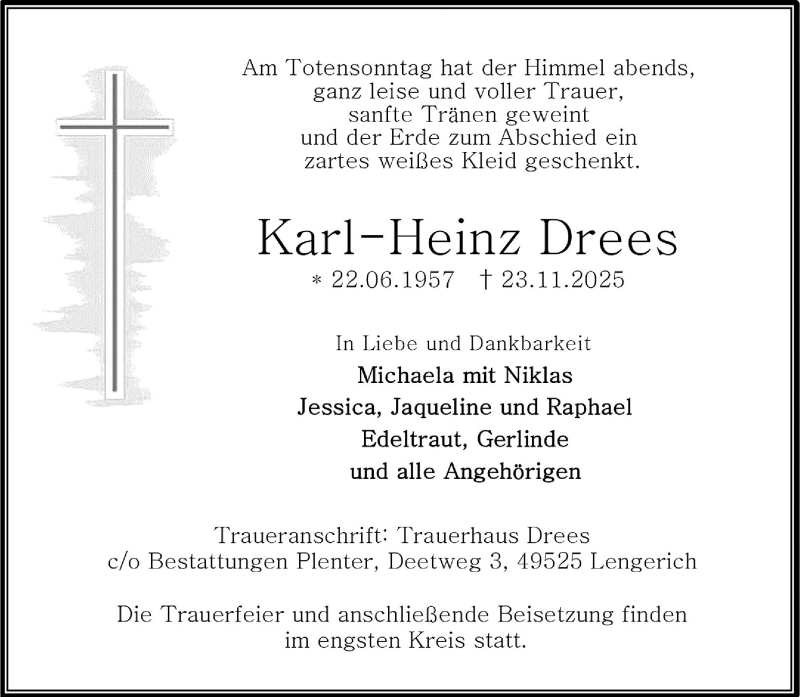  Traueranzeige für Karl-Heinz Drees vom 29.11.2025 aus 