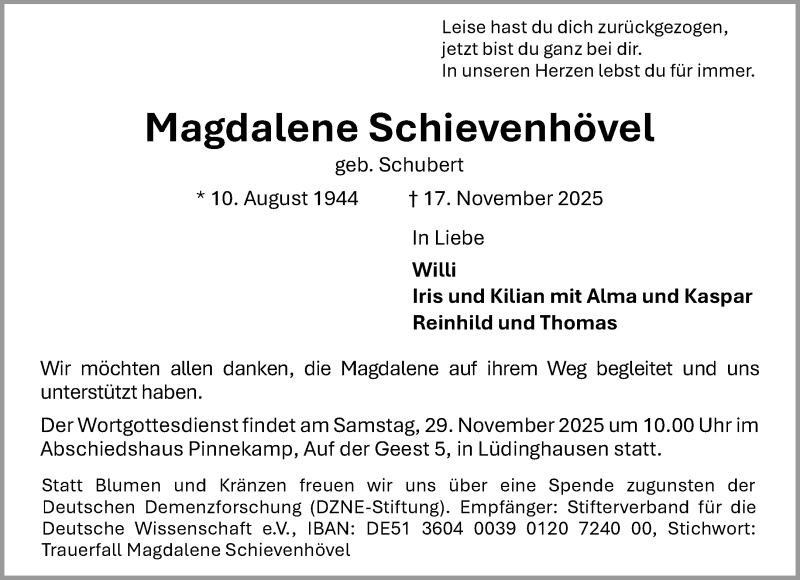  Traueranzeige für Magdalene Schievenhövel vom 22.11.2025 aus 