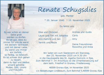 Anzeige von Renate Schugsdies 