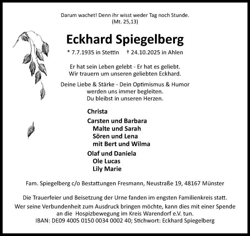  Traueranzeige für Eckhard Spiegelberg vom 08.11.2025 aus 