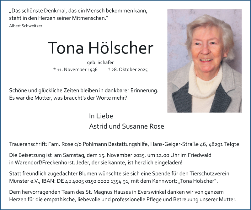  Traueranzeige für Tona Hölscher vom 08.11.2025 aus 