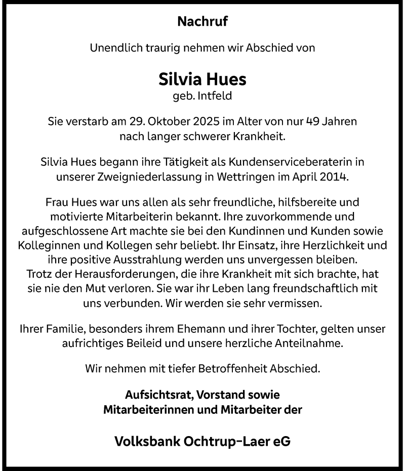  Traueranzeige für Silvia Hues vom 06.11.2025 aus 