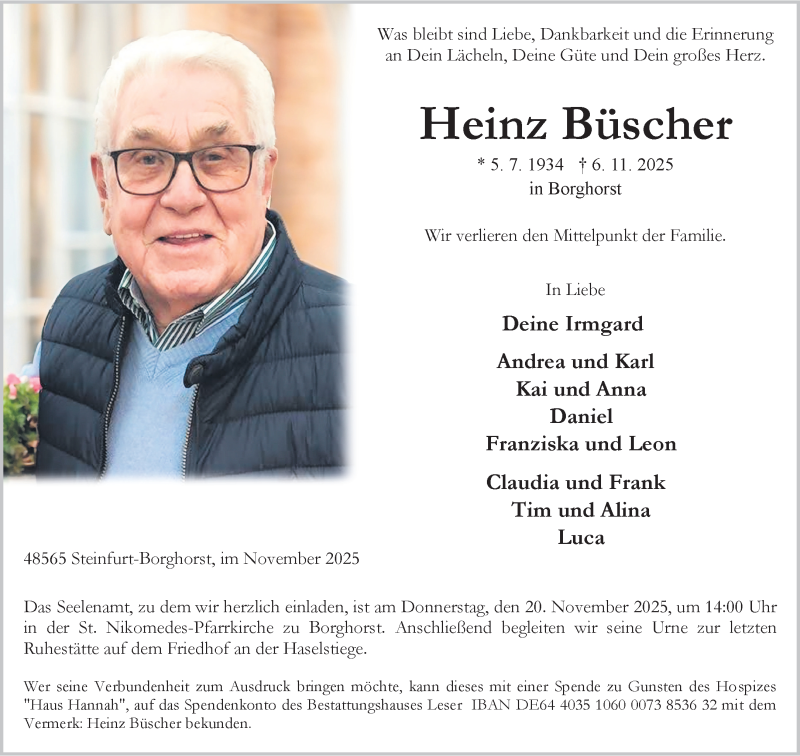  Traueranzeige für Heinz Büscher vom 15.11.2025 aus 