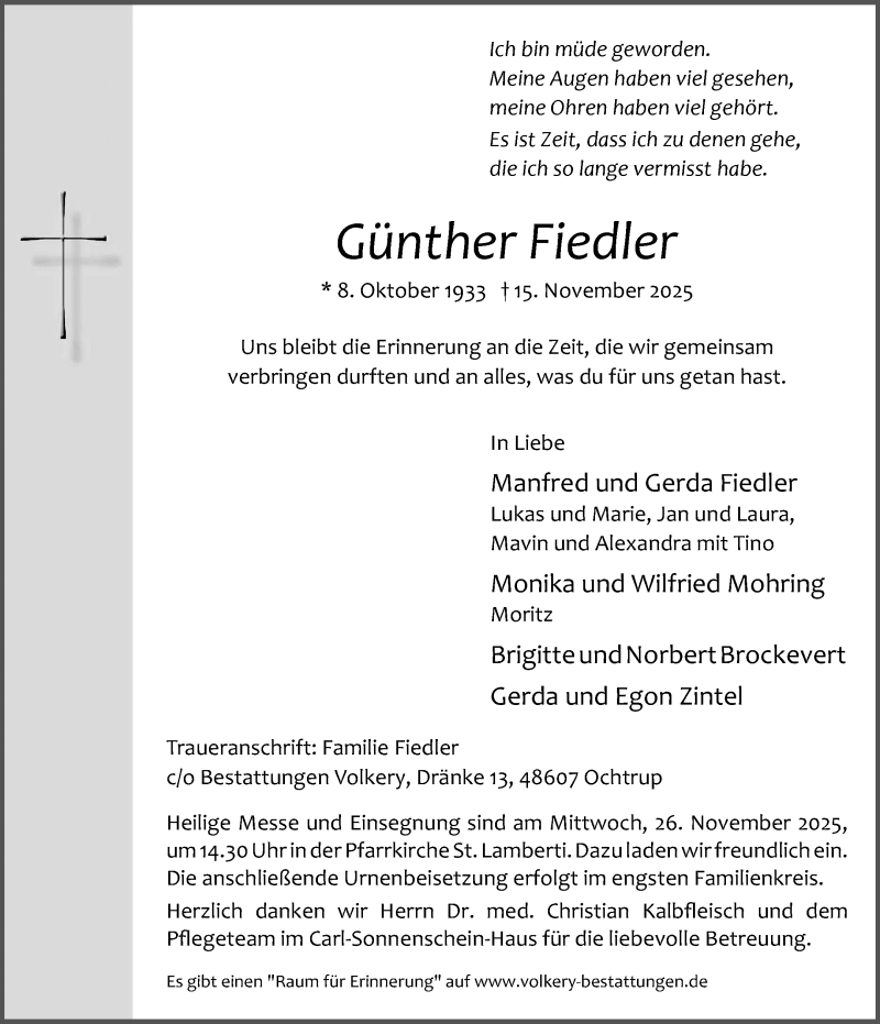  Traueranzeige für Günther Fiedler vom 18.11.2025 aus 