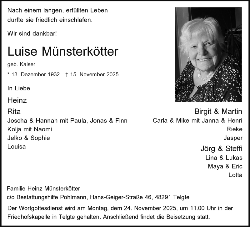  Traueranzeige für Luise Münsterkötter vom 22.11.2025 aus 