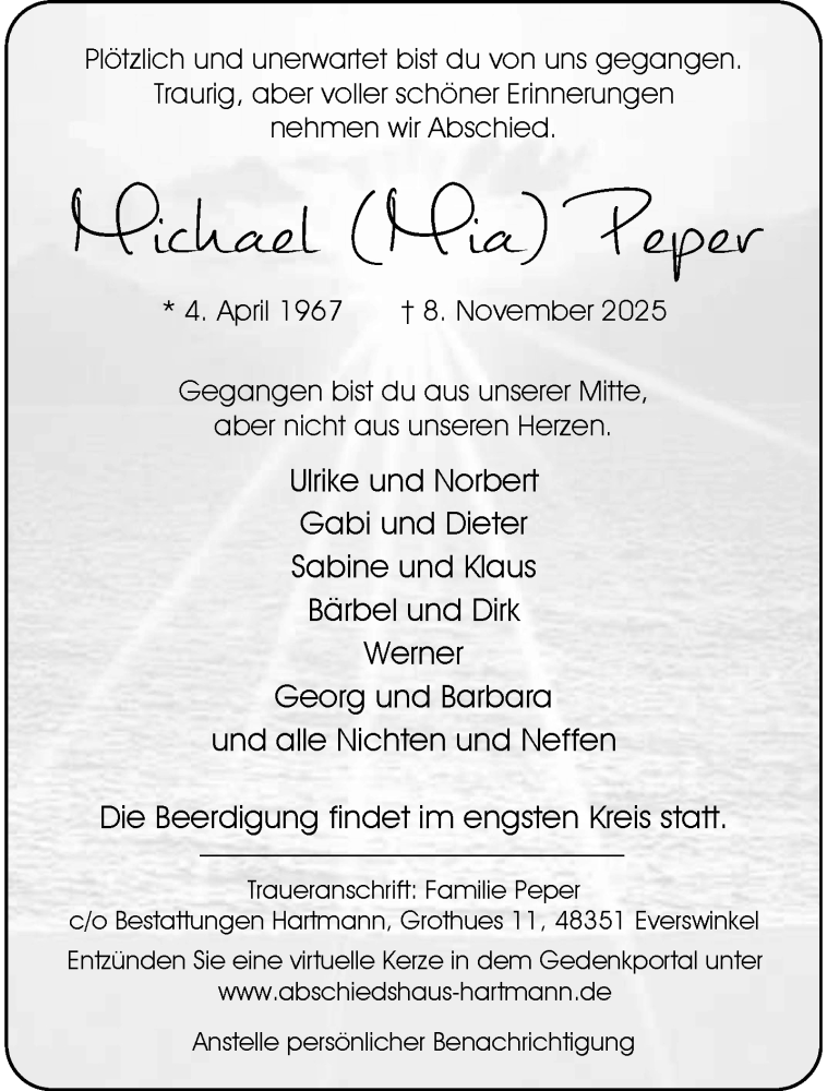  Traueranzeige für Michael Peper vom 15.11.2025 aus 