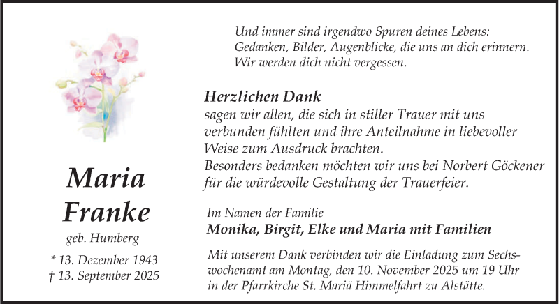  Traueranzeige für Maria Franke vom 06.11.2025 aus 