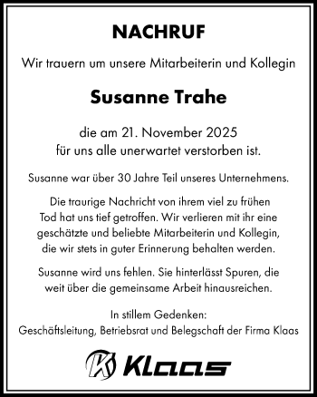 Anzeige von Susanne Trahe 