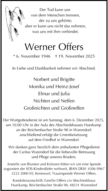 Anzeige von Werner Offers 