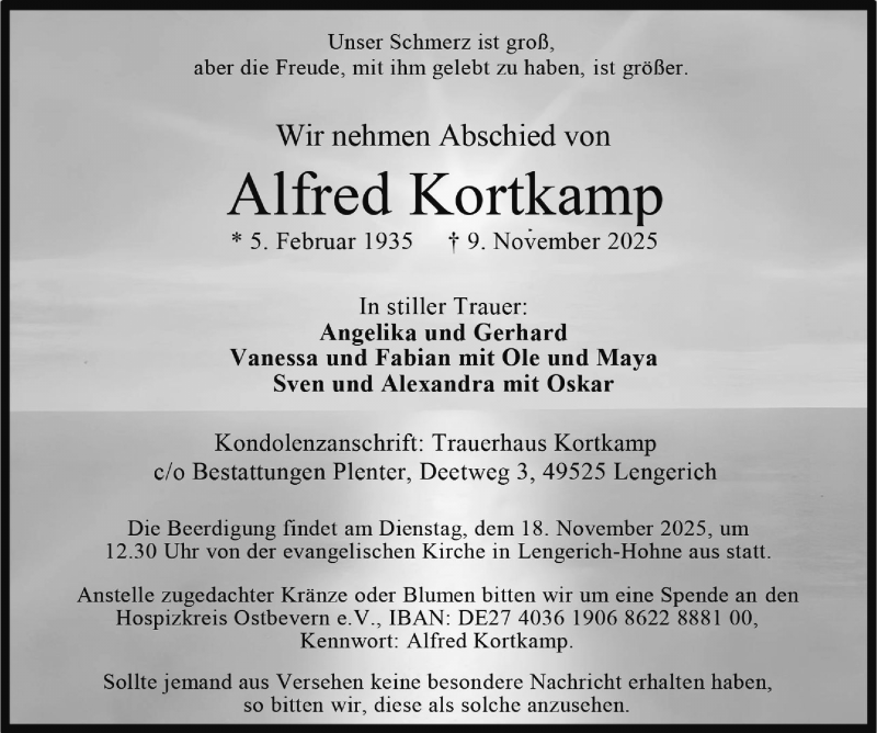  Traueranzeige für Alfred Kortkamp vom 15.11.2025 aus 