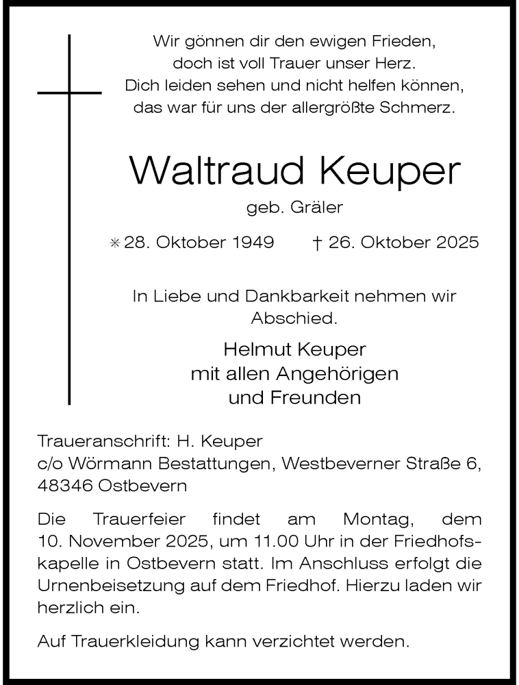  Traueranzeige für Waltraud Keuper vom 05.11.2025 aus 