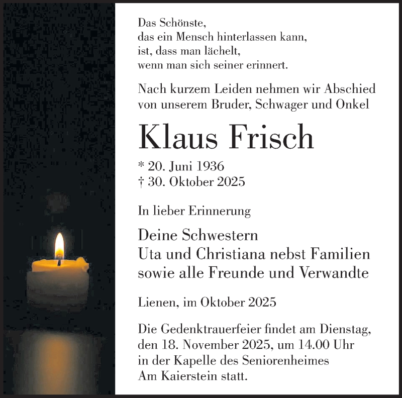 Traueranzeige für Klaus Frisch vom 08.11.2025 aus 