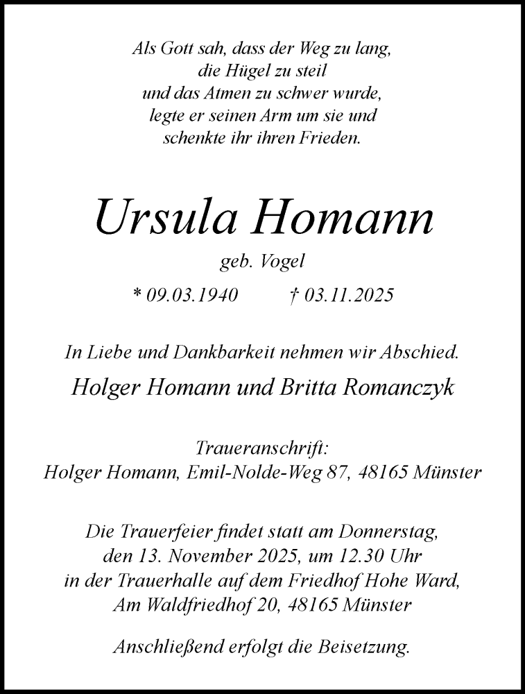  Traueranzeige für Ursula Homann vom 08.11.2025 aus 