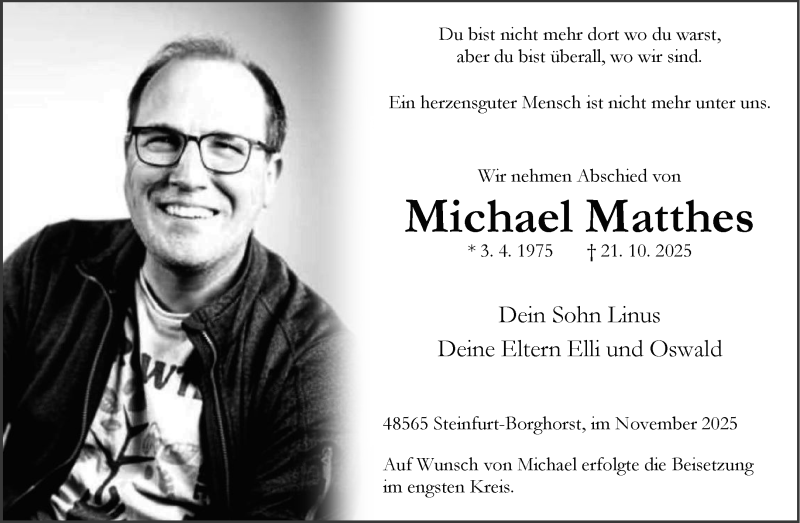  Traueranzeige für Michael Matthes vom 08.11.2025 aus 
