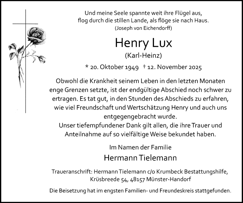  Traueranzeige für Henry Lux vom 29.11.2025 aus 