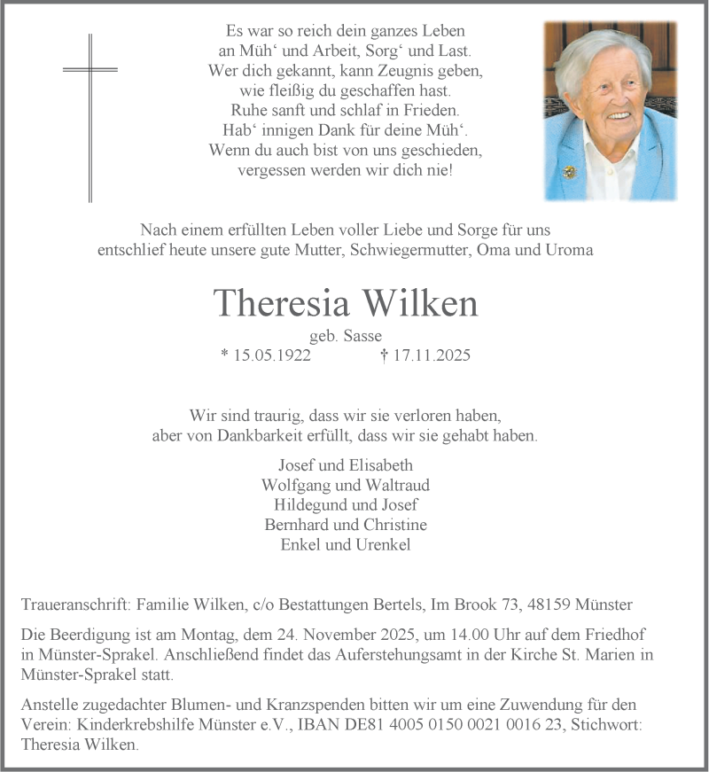  Traueranzeige für Theresia Wilken vom 19.11.2025 aus 