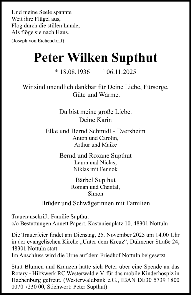  Traueranzeige für Peter Wilken Supthut vom 15.11.2025 aus 