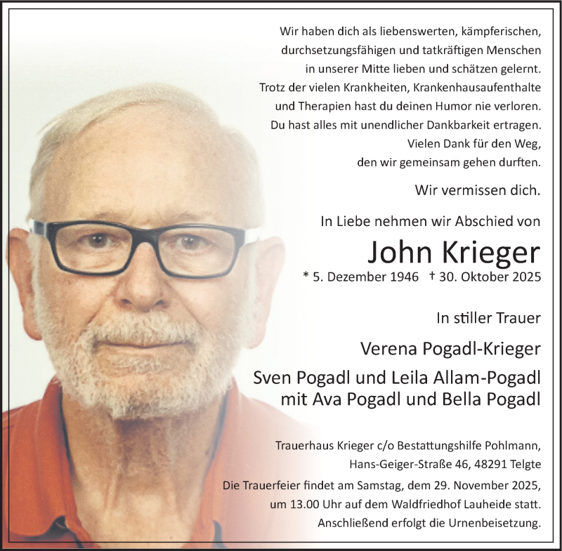  Traueranzeige für John Krieger vom 08.11.2025 aus 