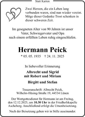 Anzeige von Hermann Peick 