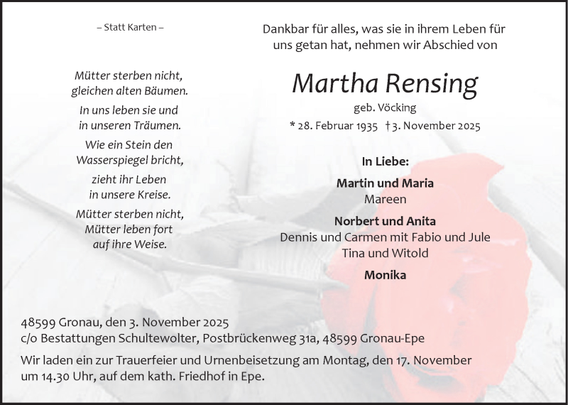  Traueranzeige für Martha Rensing vom 08.11.2025 aus 