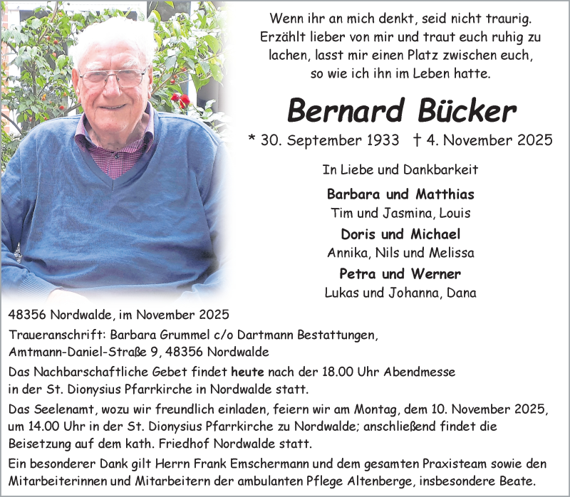  Traueranzeige für Bernard Bücker vom 08.11.2025 aus 