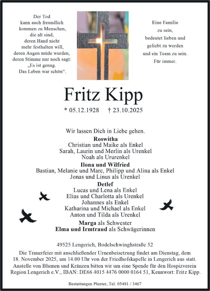  Traueranzeige für Fritz Kipp vom 15.11.2025 aus 