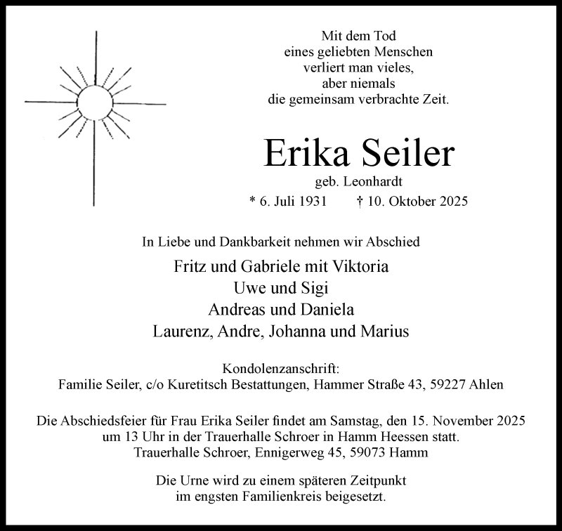  Traueranzeige für Erika Seiler vom 08.11.2025 aus 
