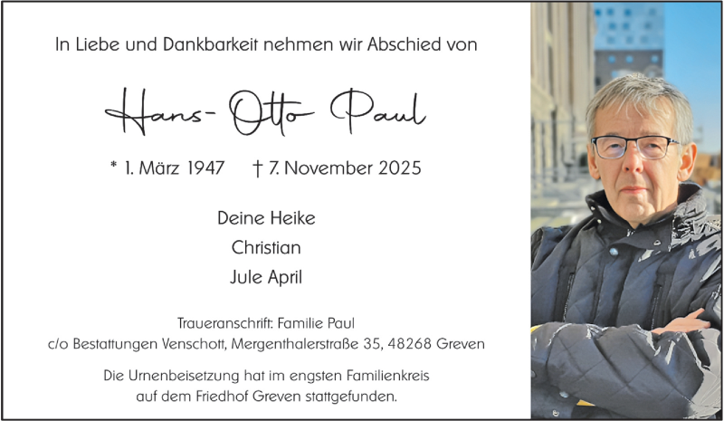  Traueranzeige für Hans-Otto Paul vom 15.11.2025 aus 