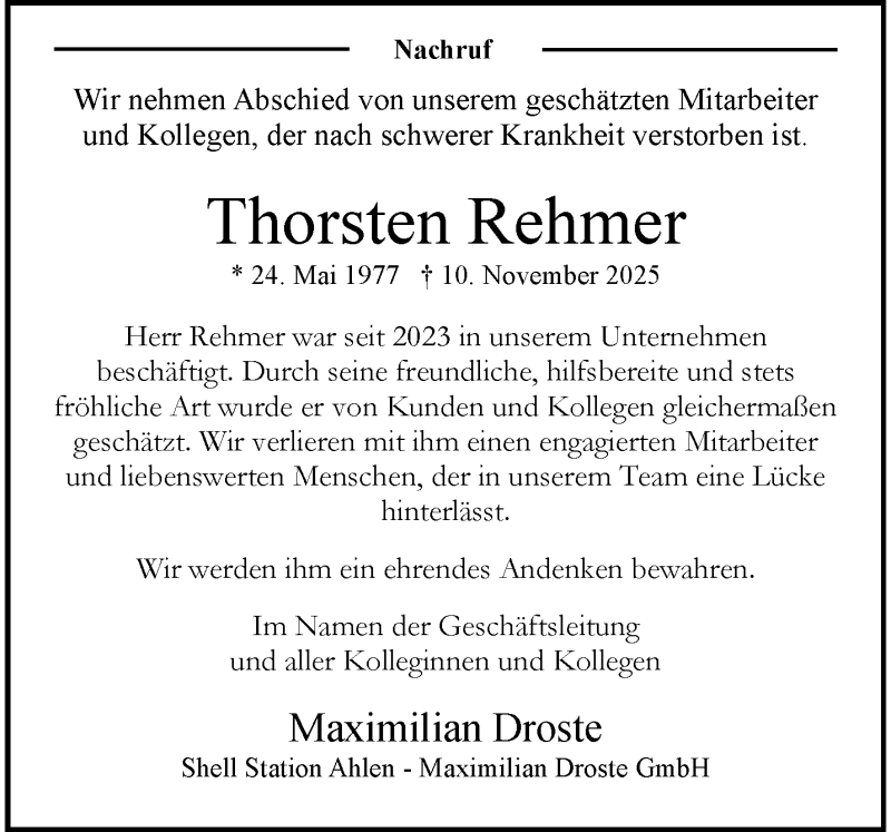 Traueranzeige für Thorsten Rehmer vom 14.11.2025 aus 