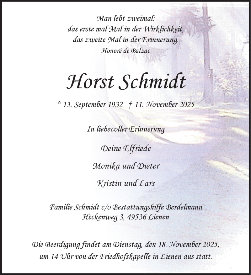  Traueranzeige für Horst Schmidt vom 15.11.2025 aus 