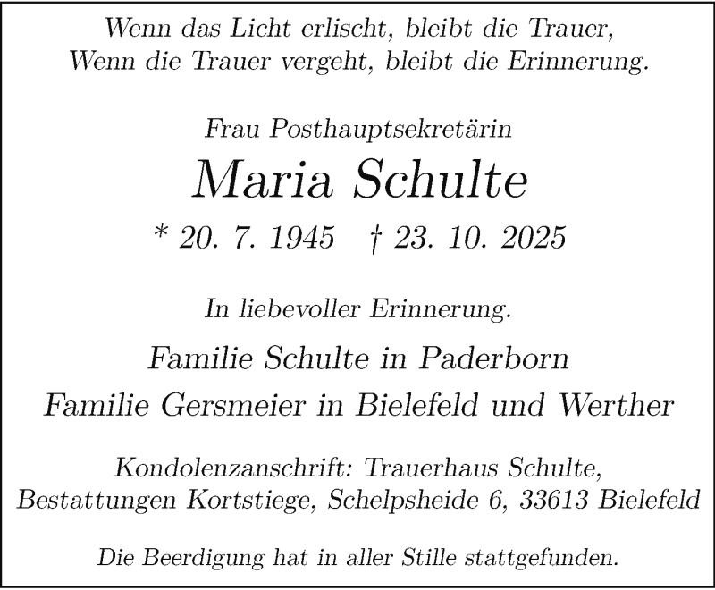  Traueranzeige für Maria Schulte vom 08.11.2025 aus 