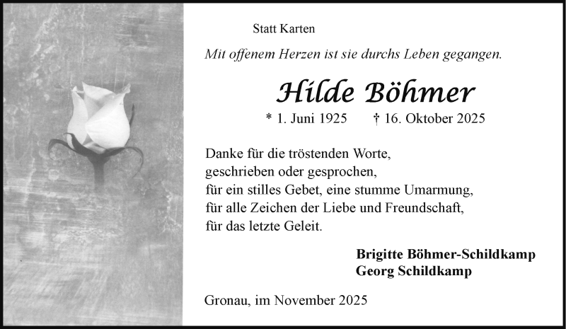  Traueranzeige für Hilde Böhmer vom 22.11.2025 aus 